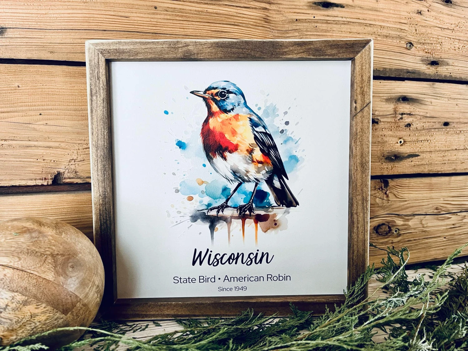 Wisconsin State Bird Sign - Watercolor American Robin Print - Wood Framed Wall Art - Home Decor Gift 1 Wisconsin State Bird Sign - Watercolor American Robin Print - Wood Framed Wall Art - Home Decor Gift