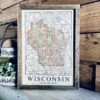 Vintage Wisconsin Map Sign – Framed State Wall Art – Wisconsin Decor – Founded 1848 – Rustic Farmhouse Style