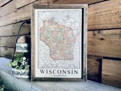 Vintage Wisconsin Map Sign – Framed State Wall Art – Wisconsin Decor – Founded 1848 – Rustic Farmhouse Style