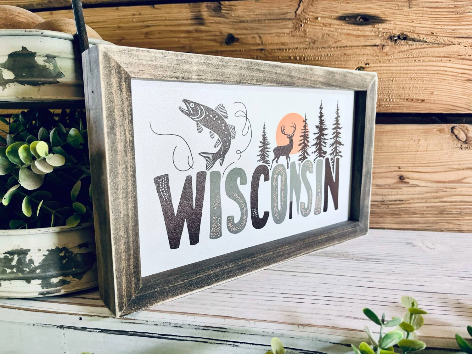 Wisconsin Farmhouse Framed Wood Sign – Deer, Fish & Pine Tree Design – Cabin Wall Art, Lake House Decor, Nature Lover Gift 3 Wisconsin Farmhouse Framed Wood Sign – Deer, Fish & Pine Tree Design – Cabin Wall Art, Lake House Decor, Nature Lover Gift - Image 3