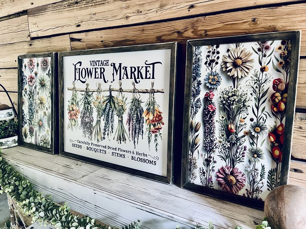 Vintage Flower Market Sign Set – Wildflower Wall Art – Botanical Framed Prints – Garden-Inspired Farmhouse Decor – UV Printed Wood Signs 3 Vintage Flower Market Sign Set – Wildflower Wall Art – Botanical Framed Prints – Garden-Inspired Farmhouse Decor – UV Printed Wood Signs - Image 3