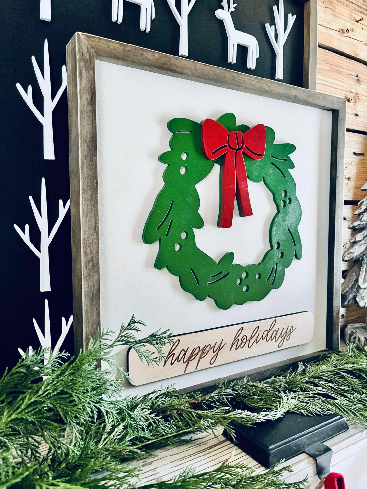 READY TO SHIP - Christmas Wreath Sign | Farmhouse Winter Sign | Happy Holidays Framed Sign 3 READY TO SHIP - Christmas Wreath Sign | Farmhouse Winter Sign | Happy Holidays Framed Sign - Image 3