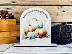 Autumn Pumpkin Decor Sign | Fall Arch Shelf Sitter | Neutral Farmhouse Fall Decoration | UV Printed Wood Sign | Autumn Leaves Display