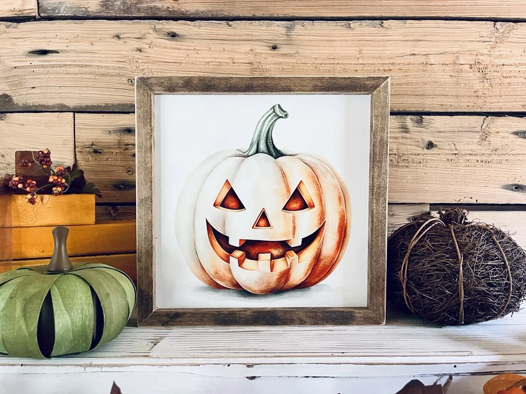 Framed Halloween Jack-o'-Lantern Sign | UV Printed Pumpkin Wall Art | Fall Holiday Decor | Rustic Farmhouse Halloween Sign | 12x12 1 Framed Halloween Jack-o'-Lantern Sign | UV Printed Pumpkin Wall Art | Fall Holiday Decor | Rustic Farmhouse Halloween Sign | 12x12