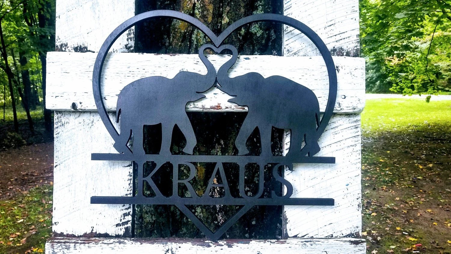 Personalized Elephants With Trunks In A Heart Wood Cutout | Elephant Love Sign 2 Personalized Elephants With Trunks In A Heart Wood Cutout | Elephant Love Sign - Image 2