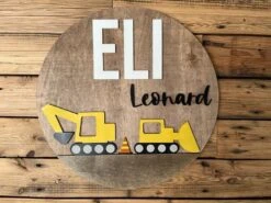 Nursery Name Sign For Boy | Round Wood Nursery Sign | Construction | Dump Truck