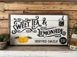Sweet Tea & Lemonade Sign - Vintage Style Wood Wall Decor - Served Daily - 25¢ - Farmhouse Chic Beverage Bar Sign