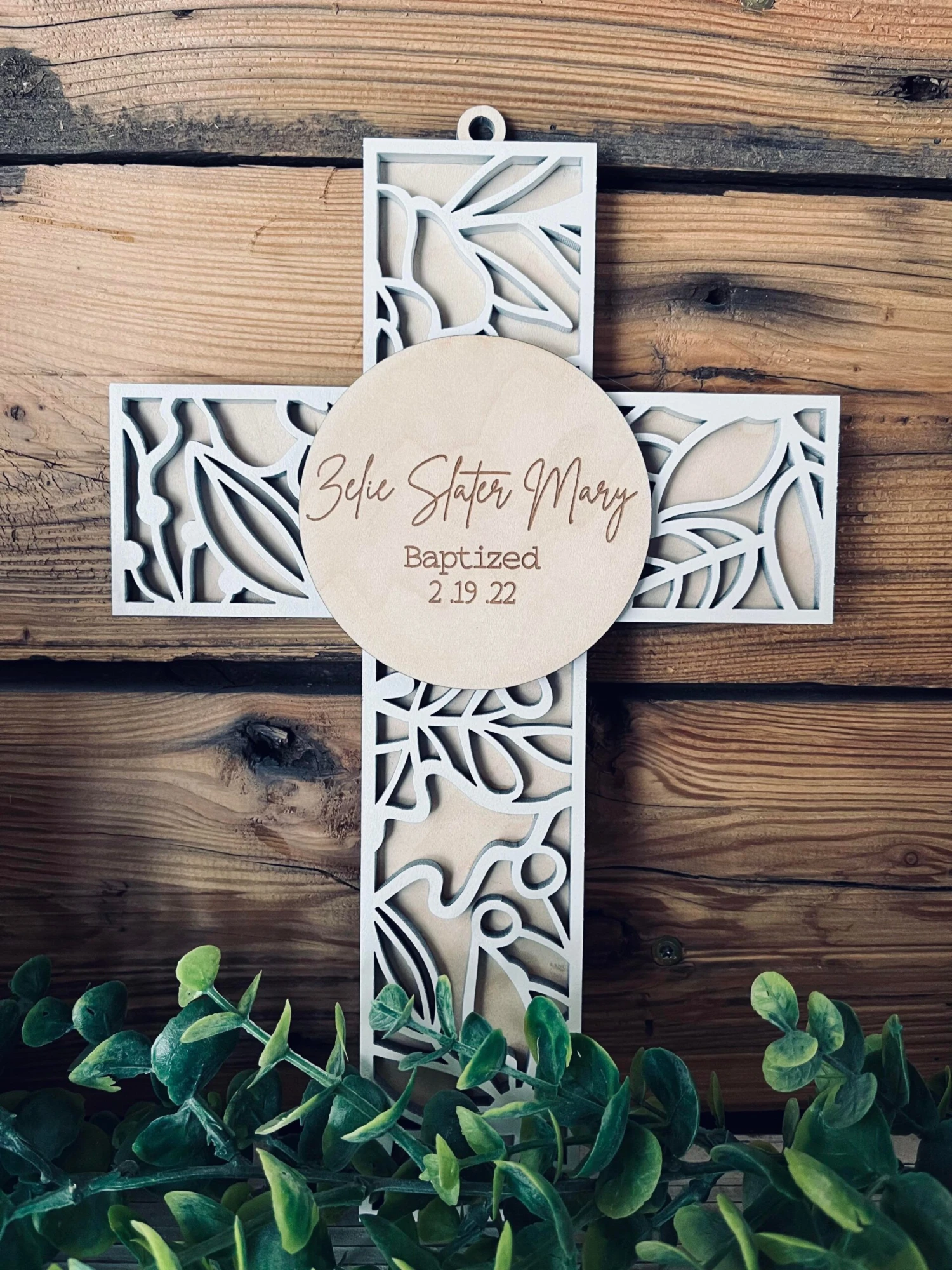Personalized Baptismal Gift | Personalized Wood Cross | Floral Background 3 Personalized Baptismal Gift | Personalized Wood Cross | Floral Background - Image 3