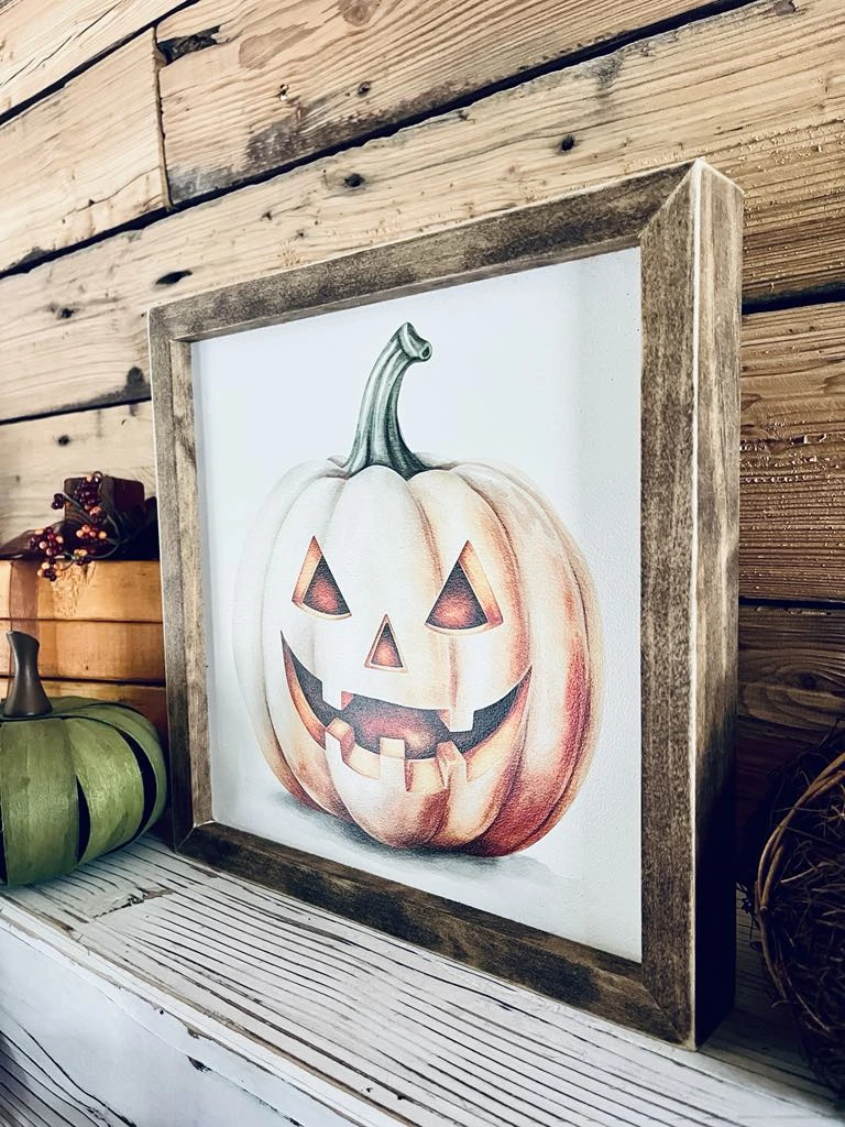 Framed Halloween Jack-o'-Lantern Sign | UV Printed Pumpkin Wall Art | Fall Holiday Decor | Rustic Farmhouse Halloween Sign | 12x12 2 Framed Halloween Jack-o'-Lantern Sign | UV Printed Pumpkin Wall Art | Fall Holiday Decor | Rustic Farmhouse Halloween Sign | 12x12 - Image 2