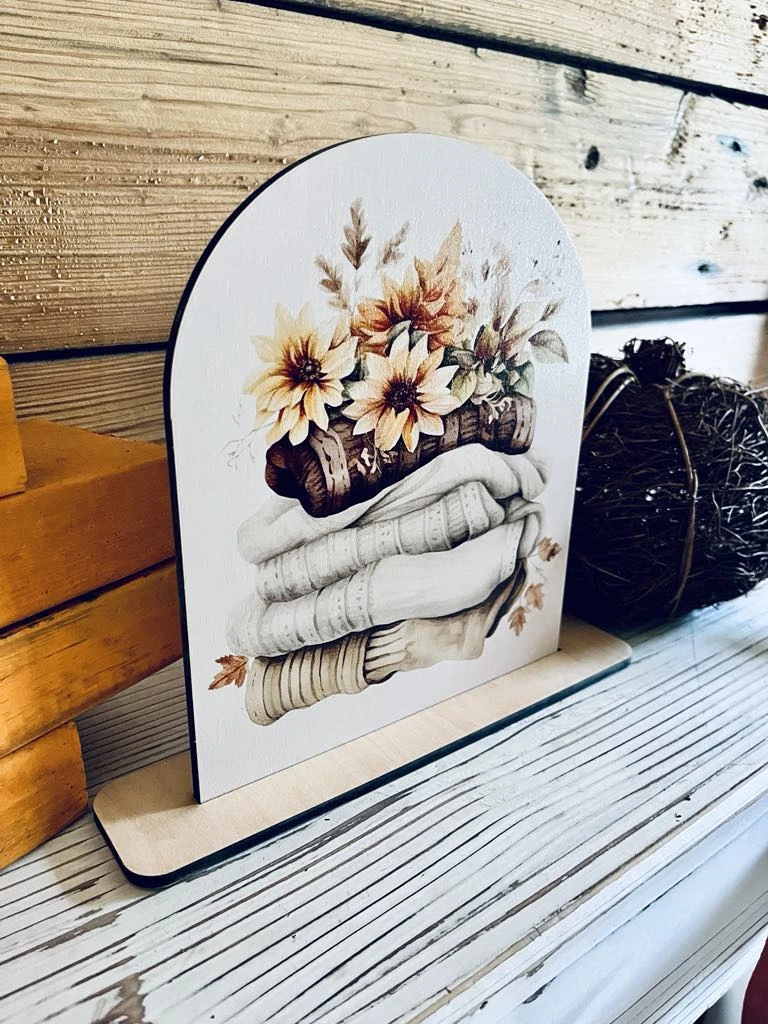Fall Sweater Weather Shelf Sitter Sign | Cozy Autumn Decor With Sunflowers & Pumpkins | UV Printed Wood Sign For Tiered Tray Display 2 Fall Sweater Weather Shelf Sitter Sign | Cozy Autumn Decor With Sunflowers & Pumpkins | UV Printed Wood Sign For Tiered Tray Display - Image 2