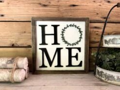 Home With Wreath Square Sign | Farmhouse Home Decor