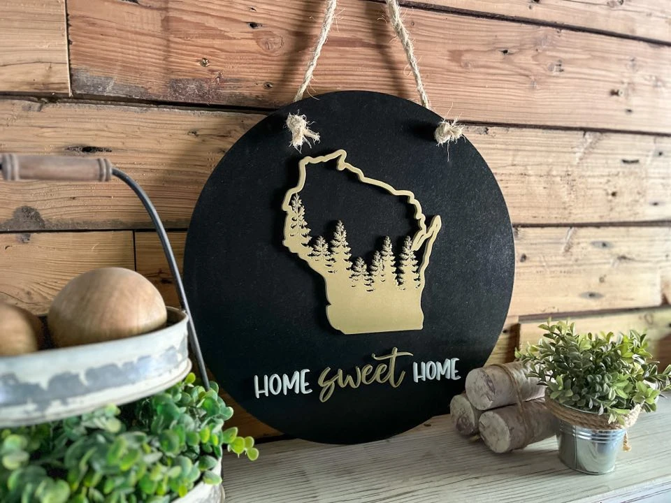 Round Wisconsin Home Sweet Home Sign 2 Round Wisconsin Home Sweet Home Sign - Image 2