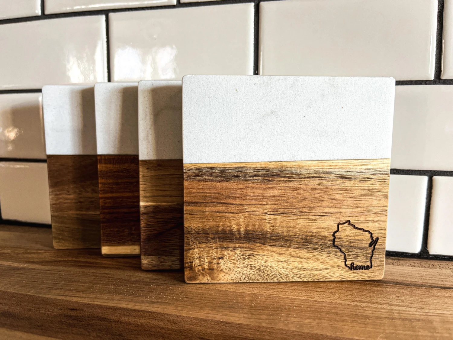 Wisconsin Coasters | Marble And Wood Coasters | Set Of 4 Square Slate Coasters | Wisconsin Gifts 3 Wisconsin Coasters | Marble And Wood Coasters | Set Of 4 Square Slate Coasters | Wisconsin Gifts - Image 3