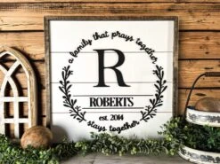 Square Personalized Raised Lettering Last Name Sign On Shiplap | A Family That Prays Together Stays Together