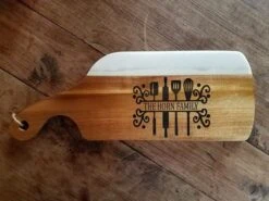 Engraved Marble And Wood Cutting Board With Family Name | Farmhouse Kitchen Decor