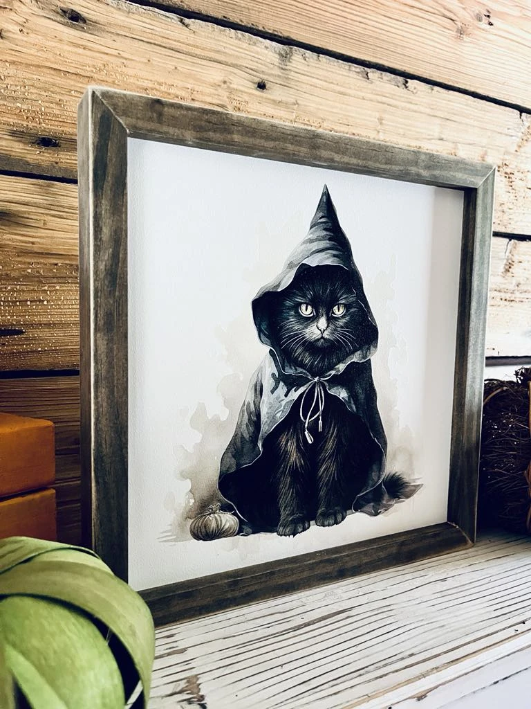 Framed Halloween Black Cat Sign | Witchy Fall Decor | UV Printed Spooky Cat Wall Art | Farmhouse Halloween Sign | 12x12 Print 3 Framed Halloween Black Cat Sign | Witchy Fall Decor | UV Printed Spooky Cat Wall Art | Farmhouse Halloween Sign | 12x12 Print - Image 3