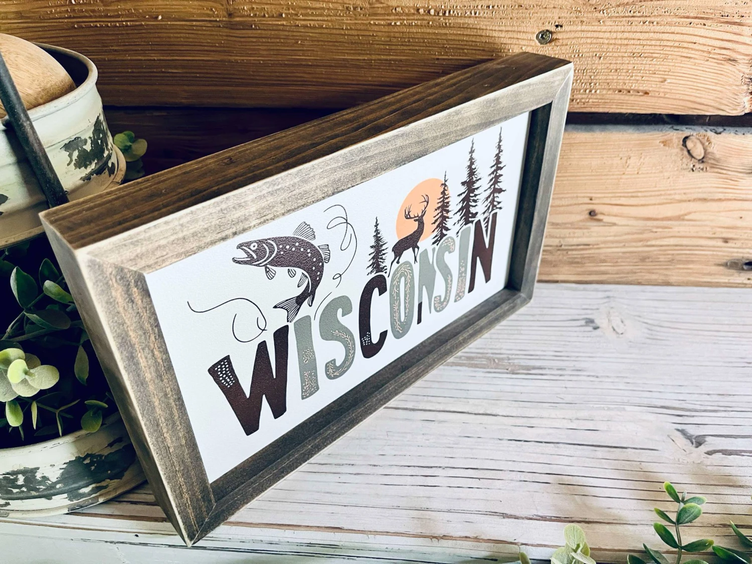 Wisconsin Farmhouse Framed Wood Sign – Deer, Fish & Pine Tree Design – Cabin Wall Art, Lake House Decor, Nature Lover Gift 2 Wisconsin Farmhouse Framed Wood Sign – Deer, Fish & Pine Tree Design – Cabin Wall Art, Lake House Decor, Nature Lover Gift - Image 2