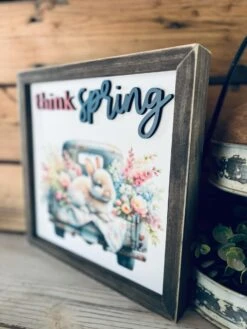 Think Spring Farmhouse Chic Sign - UV Printed Bunny & Truck With Laser-Cut Raised Lettering - Wooden Spring Decor -The Farmer’s Wife WI Deals Store 647baf0a 7da3 4048 8792 61b4850e6825