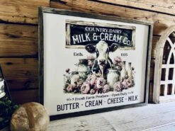 Vintage Country Dairy Cow Farmhouse Sign | Milk And Cream Co Kitchen Wall Art | Rustic Barn Decor With Flowers And Cow | Butter Cream Cheese Milk -The Farmer’s Wife WI Deals Store 64f4ce0c 6d9c 4302 bc16 80a6514e6423