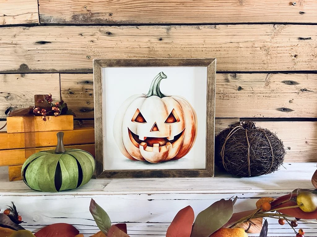 Framed Halloween Jack-o'-Lantern Sign | UV Printed Pumpkin Wall Art | Fall Holiday Decor | Rustic Farmhouse Halloween Sign | 12x12 4 Framed Halloween Jack-o'-Lantern Sign | UV Printed Pumpkin Wall Art | Fall Holiday Decor | Rustic Farmhouse Halloween Sign | 12x12 - Image 4