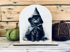 Black Cat Halloween Shelf Sitter | Witch Cat Wood Sign | Spooky Fall Decor | Gothic Cat Art | UV Printed Halloween Decoration