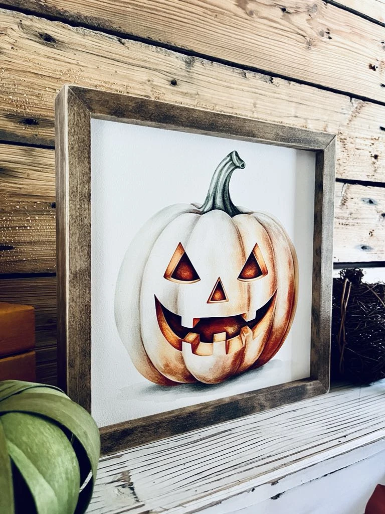 Framed Halloween Jack-o'-Lantern Sign | UV Printed Pumpkin Wall Art | Fall Holiday Decor | Rustic Farmhouse Halloween Sign | 12x12 3 Framed Halloween Jack-o'-Lantern Sign | UV Printed Pumpkin Wall Art | Fall Holiday Decor | Rustic Farmhouse Halloween Sign | 12x12 - Image 3