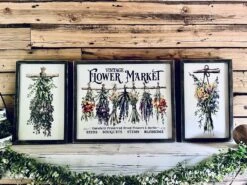 Vintage Flower Market Sign Set – Dried Floral Wall Art – Botanical Farmhouse Decor – Framed Herb Bouquet Prints – Kitchen Or Garden Art