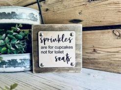 Funny Bathroom Sign For Kids | Sprinkles Are For Cupcakes Not Toilet Seats | Farmhouse Bathroom Decor | Small Wooden Bathroom Shelf Sign