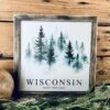 Northwoods Pine Trees Watercolor Sign – Rustic Wood Framed Wall Art – Wisconsin Home Decor – Cabin & Lodge Aesthetic – Printed Artwork Gift