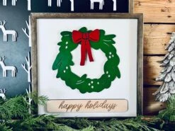 Christmas Wreath Sign | Farmhouse Winter Sign | Happy Holidays Framed Sign