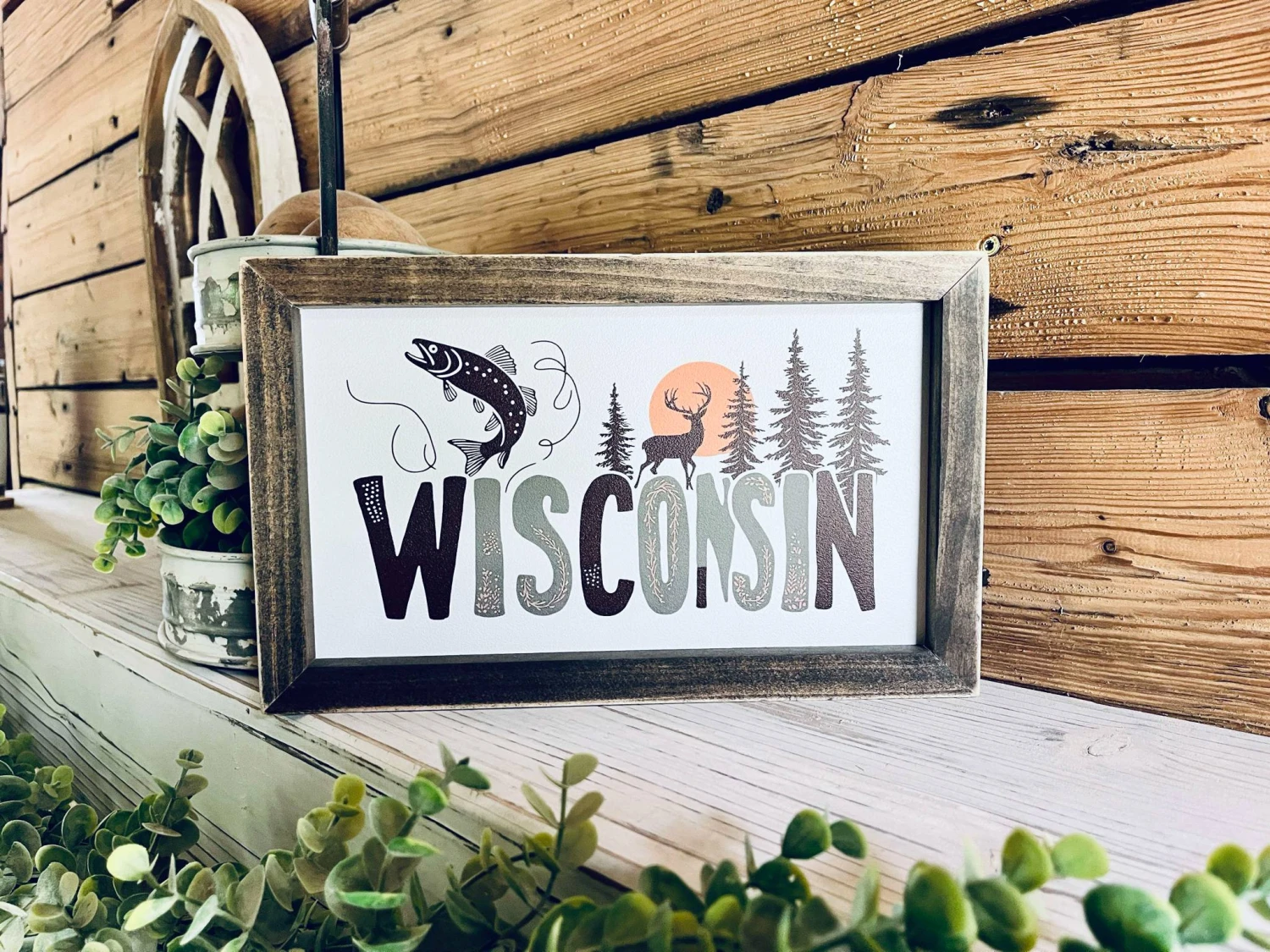 Wisconsin Farmhouse Framed Wood Sign – Deer, Fish & Pine Tree Design – Cabin Wall Art, Lake House Decor, Nature Lover Gift 1 Wisconsin Farmhouse Framed Wood Sign – Deer, Fish & Pine Tree Design – Cabin Wall Art, Lake House Decor, Nature Lover Gift