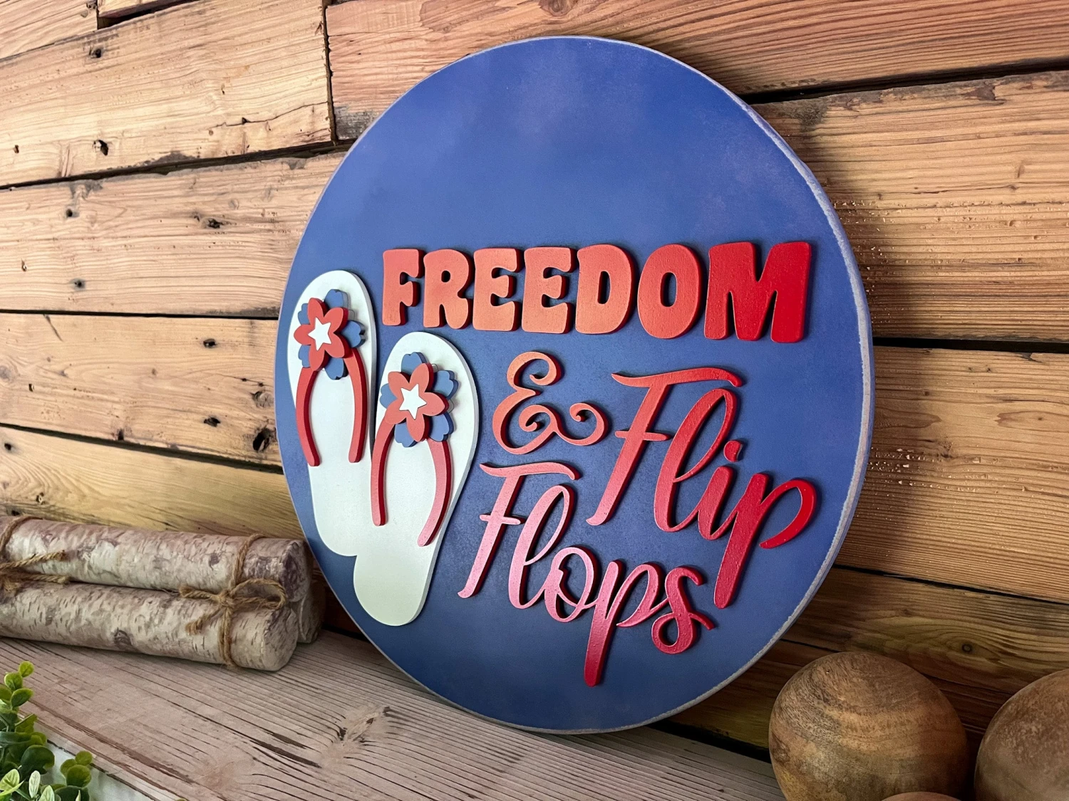 America Freedom And Flip Flops Round Sign | Patriotic Decor | Round Door Hanger Sign | Patriotic Door Hanger 2 America Freedom And Flip Flops Round Sign | Patriotic Decor | Round Door Hanger Sign | Patriotic Door Hanger - Image 2