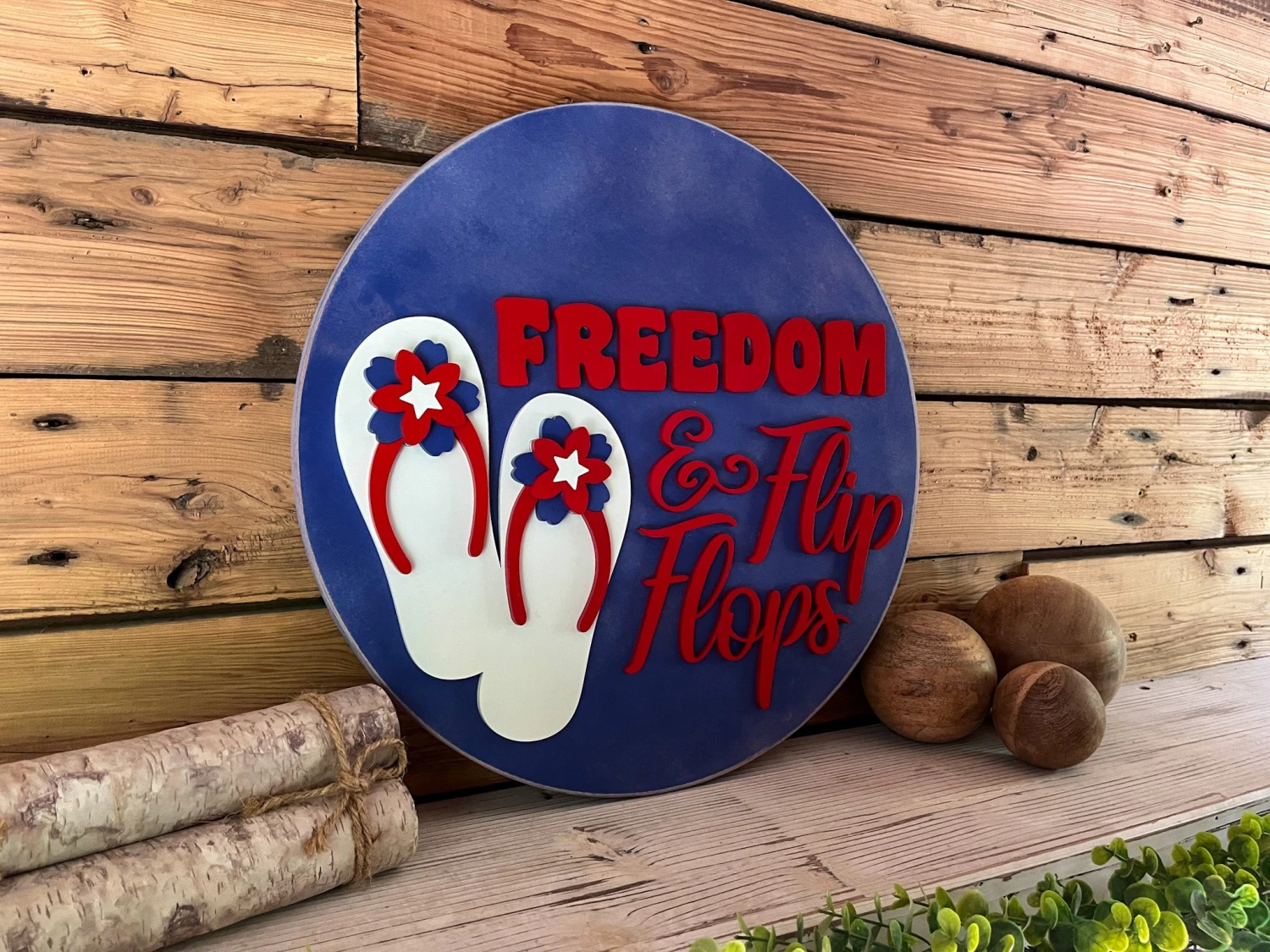 America Freedom And Flip Flops Round Sign | Patriotic Decor | Round Door Hanger Sign | Patriotic Door Hanger 3 America Freedom And Flip Flops Round Sign | Patriotic Decor | Round Door Hanger Sign | Patriotic Door Hanger - Image 3