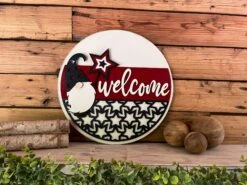 America Welcome Gnome Round Sign | Patriotic Decor | Round Door Hanger Sign | Patriotic Door Hanger