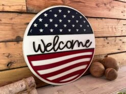 America Welcome Round Sign | Patriotic Decor | Round Door Hanger Sign | Patriotic Door Hanger 5 America Welcome Round Sign | Patriotic Decor | Round Door Hanger Sign | Patriotic Door Hanger -The Farmer’s Wife WI Deals Store AmericaWelcome 2