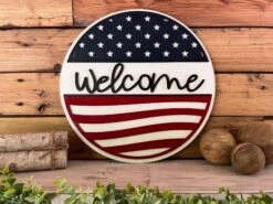 America Welcome Round Sign | Patriotic Decor | Round Door Hanger Sign | Patriotic Door Hanger