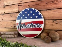America Flag Round Sign | Patriotic Decor | Round Door Hanger Sign | Patriotic Door Hanger -The Farmer’s Wife WI Deals Store America 3