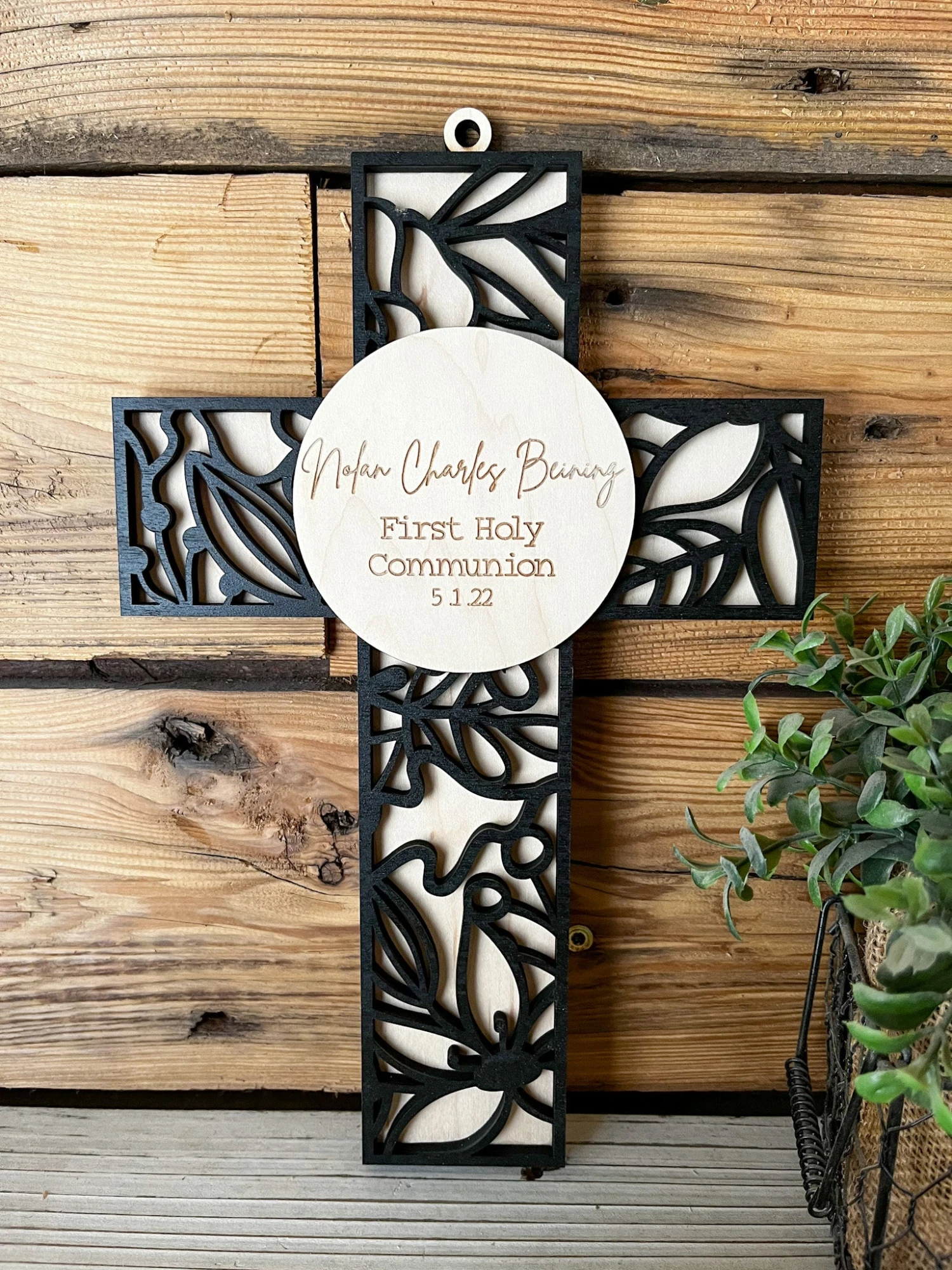 Personalized First Communion Gift | Personalized Wood Cross | Floral Background 2 Personalized First Communion Gift | Personalized Wood Cross | Floral Background - Image 2