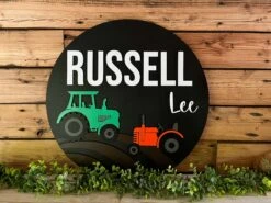 Nursery Name Sign For Boy | Round Wood Nursery Sign | Farm Equipment | Tractors