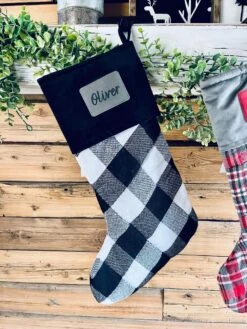 Annie Black Check Stocking With Personalized Leather Patch