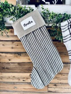 Sawyer Mill Charcoal Ticking Stripe Stocking With Personalized Leather Patch