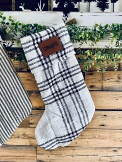 Wintergleam Black White Plaid Stocking With Personalized Leather Patch