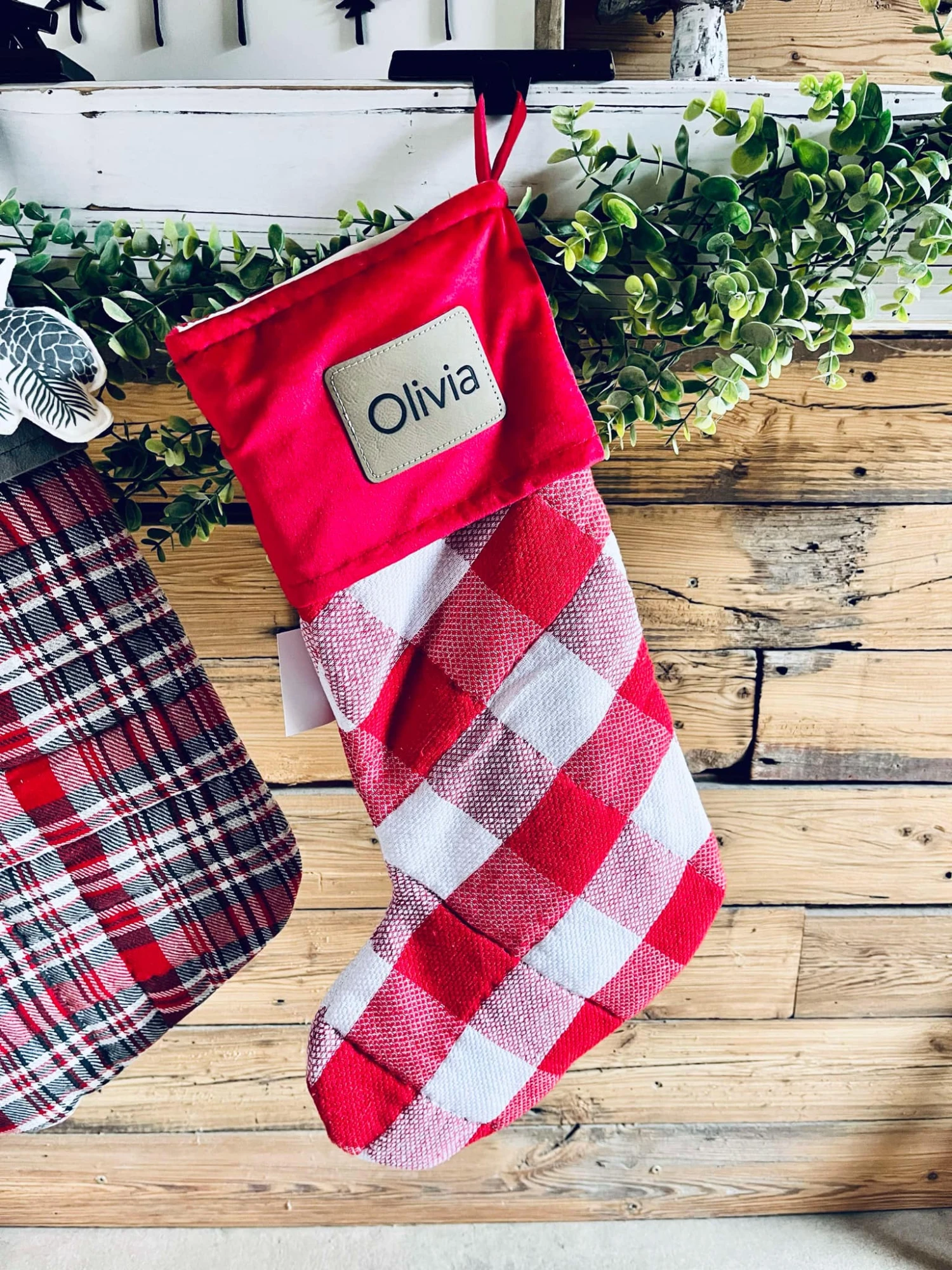 Annie Red Check Stocking With Personalized Leather Patch 1 Annie Red Check Stocking With Personalized Leather Patch