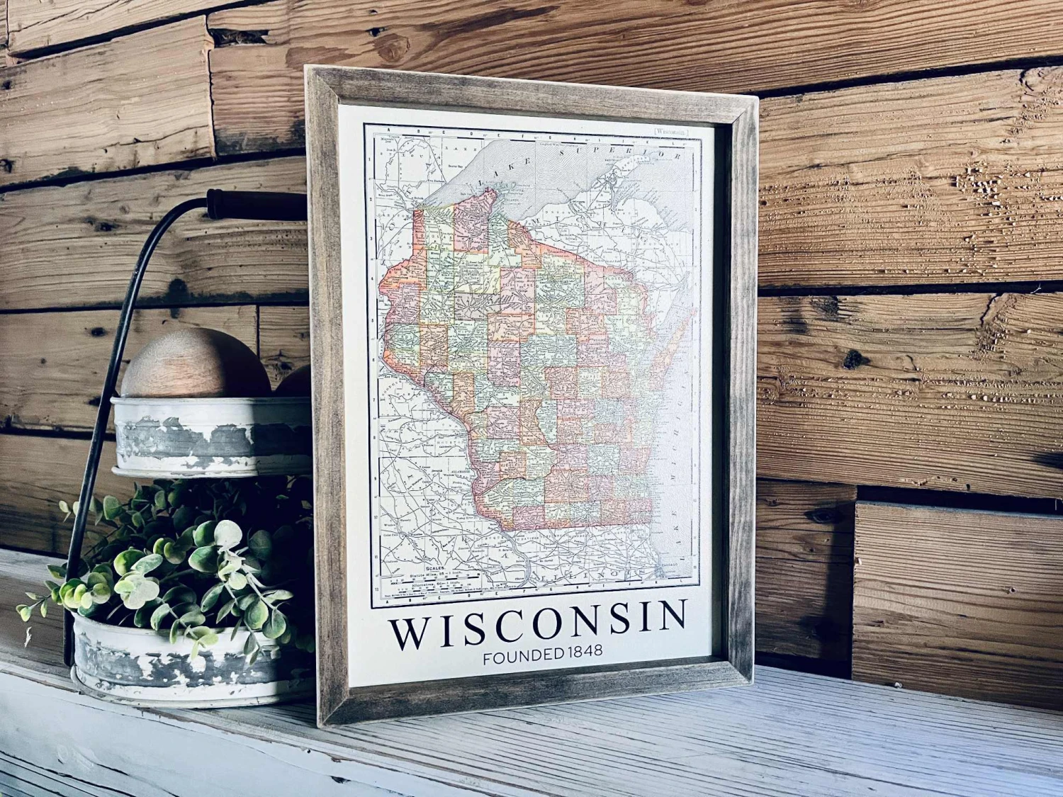 Vintage Wisconsin Map Sign – Framed State Wall Art – Wisconsin Decor – Founded 1848 – Rustic Farmhouse Style 2 Vintage Wisconsin Map Sign – Framed State Wall Art – Wisconsin Decor – Founded 1848 – Rustic Farmhouse Style - Image 2