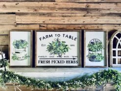 Farm To Table Herb Kitchen Sign Set – Framed Botanical Wall Art – Fresh Picked Herbs, Parsley Sage Mint Basil Thyme – Rustic Farmhouse Kitchen Decor