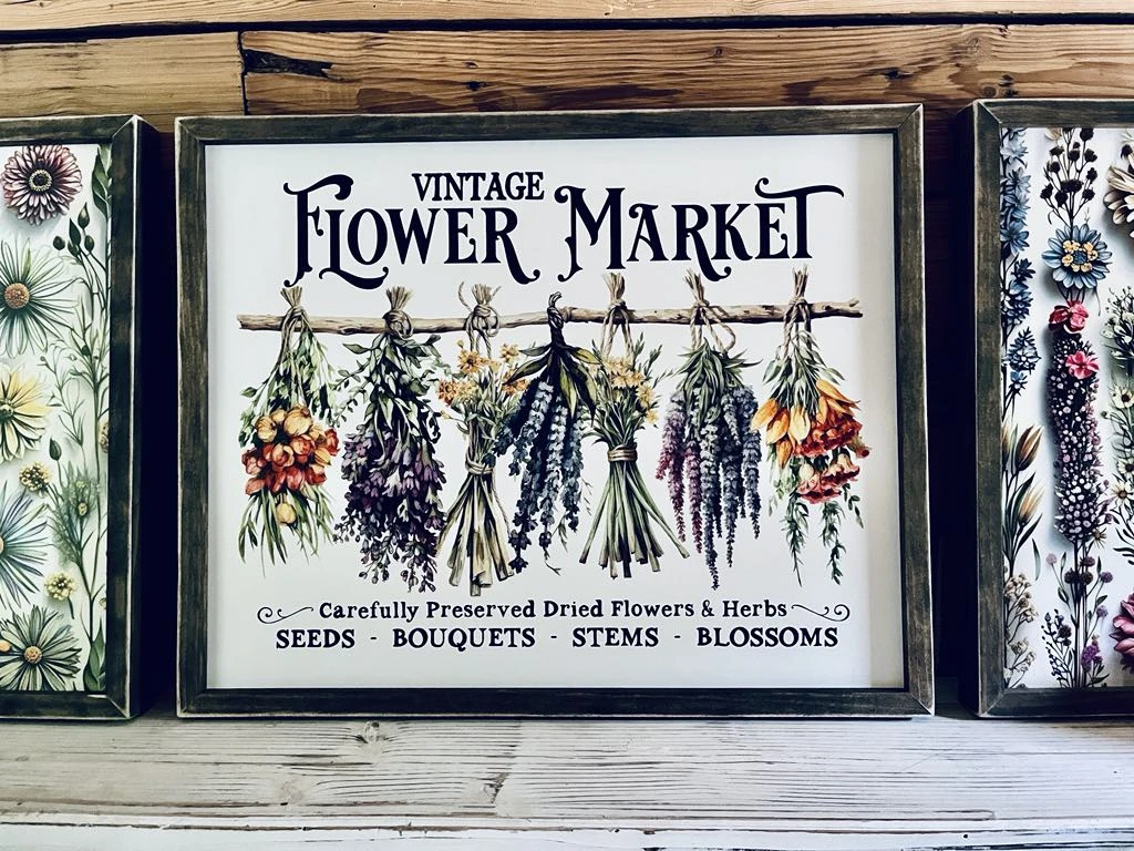 Vintage Flower Market Sign Set – Wildflower Wall Art – Botanical Framed Prints – Garden-Inspired Farmhouse Decor – UV Printed Wood Signs 7 Vintage Flower Market Sign Set – Wildflower Wall Art – Botanical Framed Prints – Garden-Inspired Farmhouse Decor – UV Printed Wood Signs - Image 7