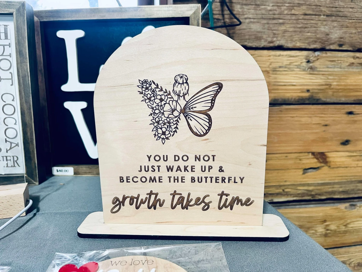 Growth Takes Time" Engraved Maple Wood Sign - Inspirational Shelf Decor - Butterfly And Floral Design - Motivational Gift For Home Or Office 1 Growth Takes Time" Engraved Maple Wood Sign - Inspirational Shelf Decor - Butterfly And Floral Design - Motivational Gift For Home Or Office
