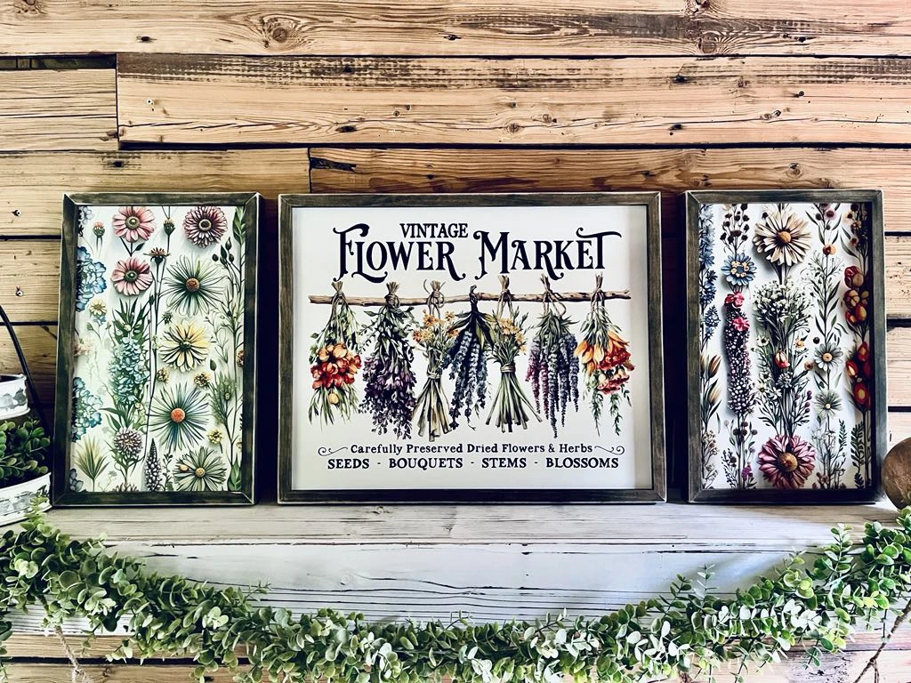 Vintage Flower Market Sign Set – Wildflower Wall Art – Botanical Framed Prints – Garden-Inspired Farmhouse Decor – UV Printed Wood Signs 1 Vintage Flower Market Sign Set – Wildflower Wall Art – Botanical Framed Prints – Garden-Inspired Farmhouse Decor – UV Printed Wood Signs