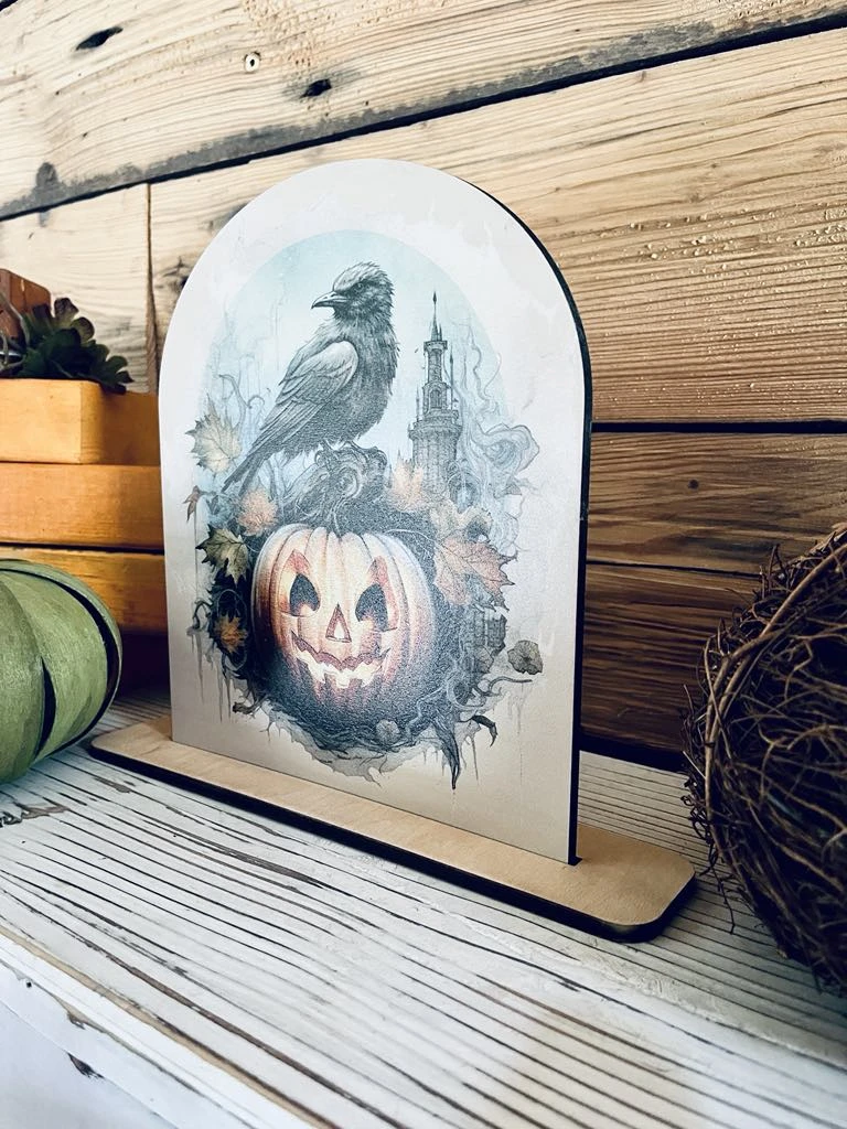 Halloween Crow And Pumpkin Wood Sign | Gothic Fall Decor | Spooky Jack-O'-Lantern Tabletop Display | Rustic Halloween Shelf Sitter 4 Halloween Crow And Pumpkin Wood Sign | Gothic Fall Decor | Spooky Jack-O'-Lantern Tabletop Display | Rustic Halloween Shelf Sitter - Image 4