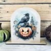 Halloween Crow And Pumpkin Wood Sign | Gothic Fall Decor | Spooky Jack-O'-Lantern Tabletop Display | Rustic Halloween Shelf Sitter
